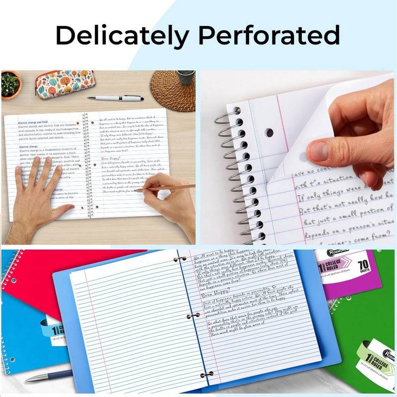 Rosmonde Spiral Notebook, 12 Pack, 1 Subject, College Ruled, 70 Sheets, 8 x 10-1/2"", 3 Hole Punched, Bulk College Ruled Notebooks for School, Single Subject Spiral Notebook Bulk, Assorted Colors - Image 4